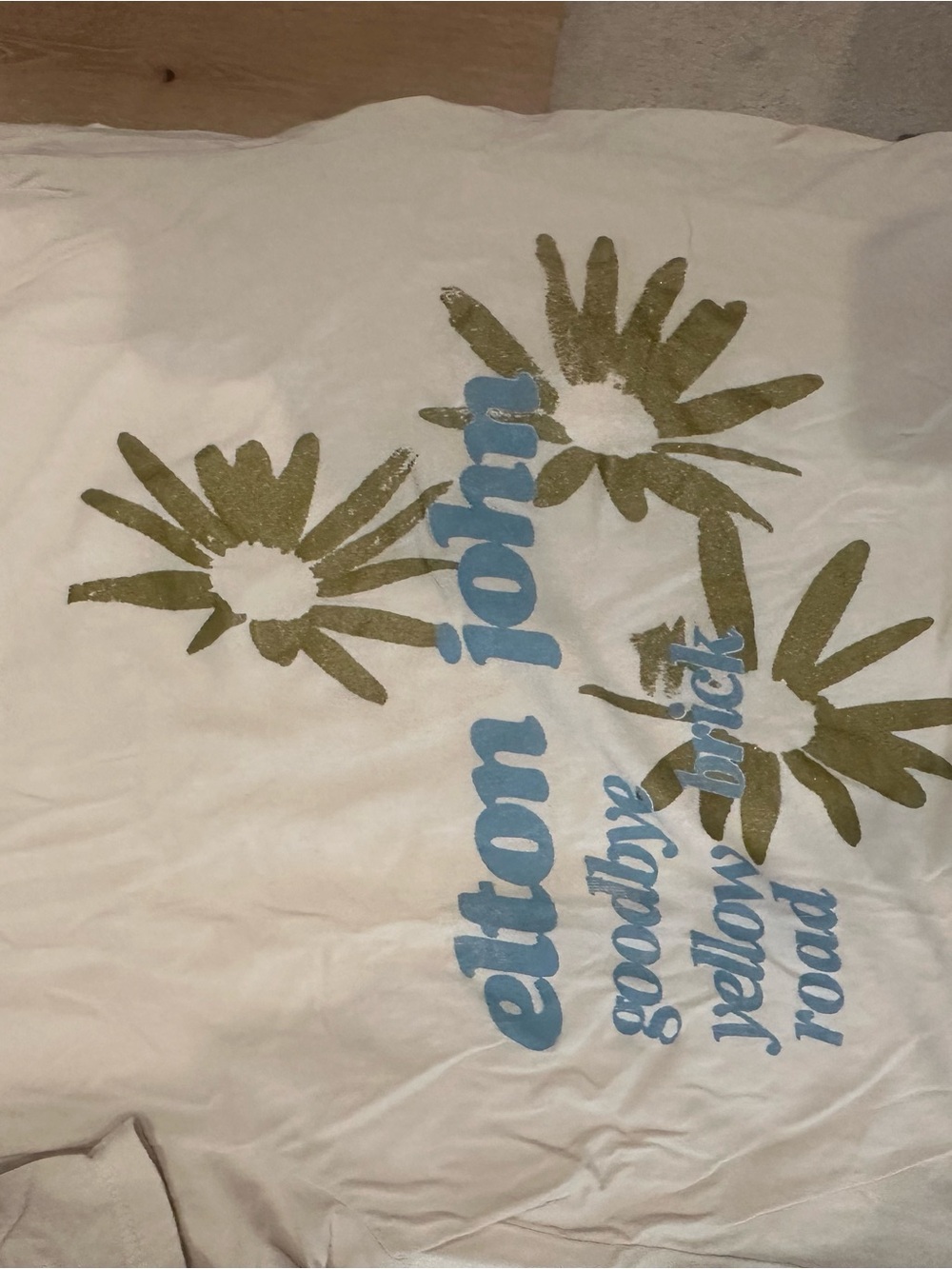 Anthropologie White Tee with Olive Green Flowers and Sky Blue Script